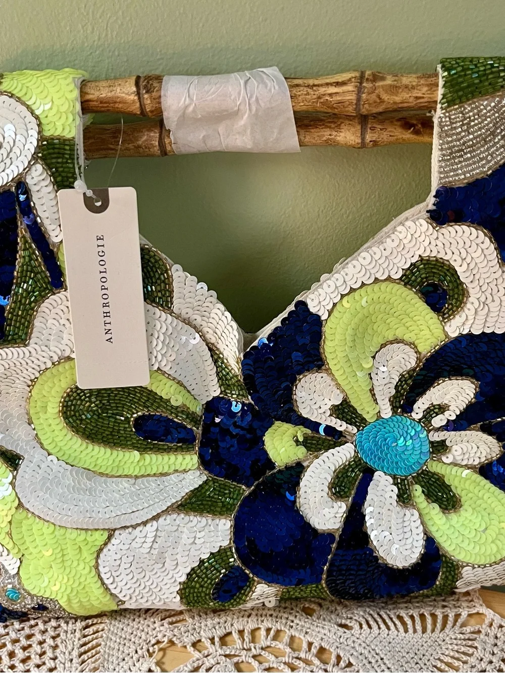Anthropologie Sequin Floral Bamboo Handbag